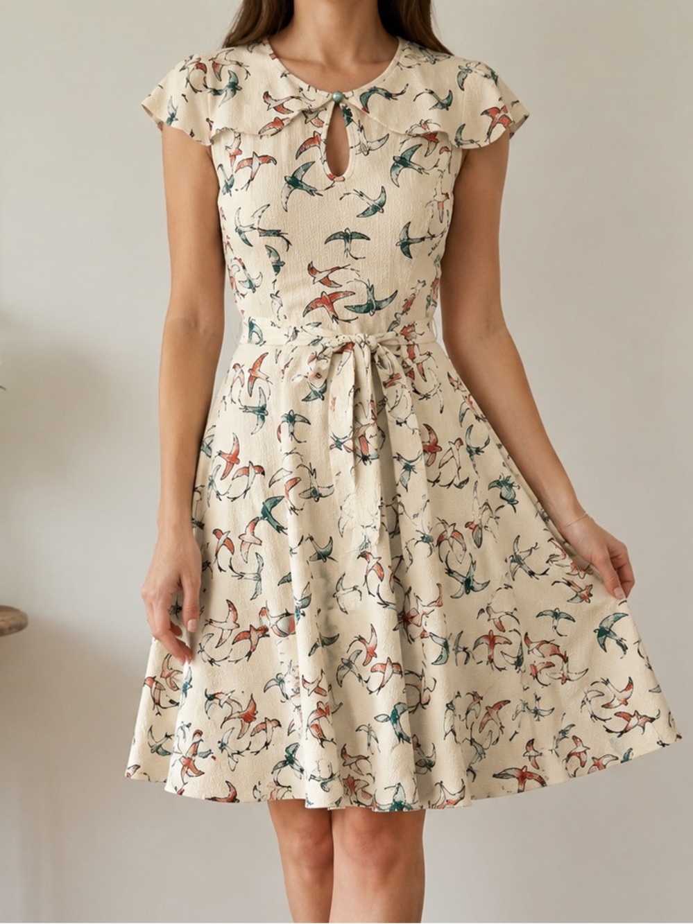 Collectif Vintage Swallow Bird Print Cream Fit & Flare Dress, Size Medium